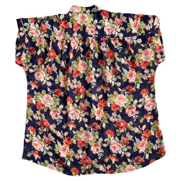 BELLATRIX Navy Floral Semi Sheer Shortsleeve Top, Medium - Picture 3 of 6